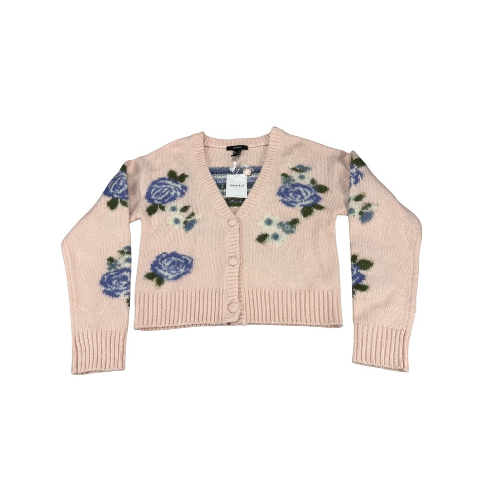Forever 21 Womens Blush Pink Blue Floral Rose Cropped Cardigan Sweater Small NWT